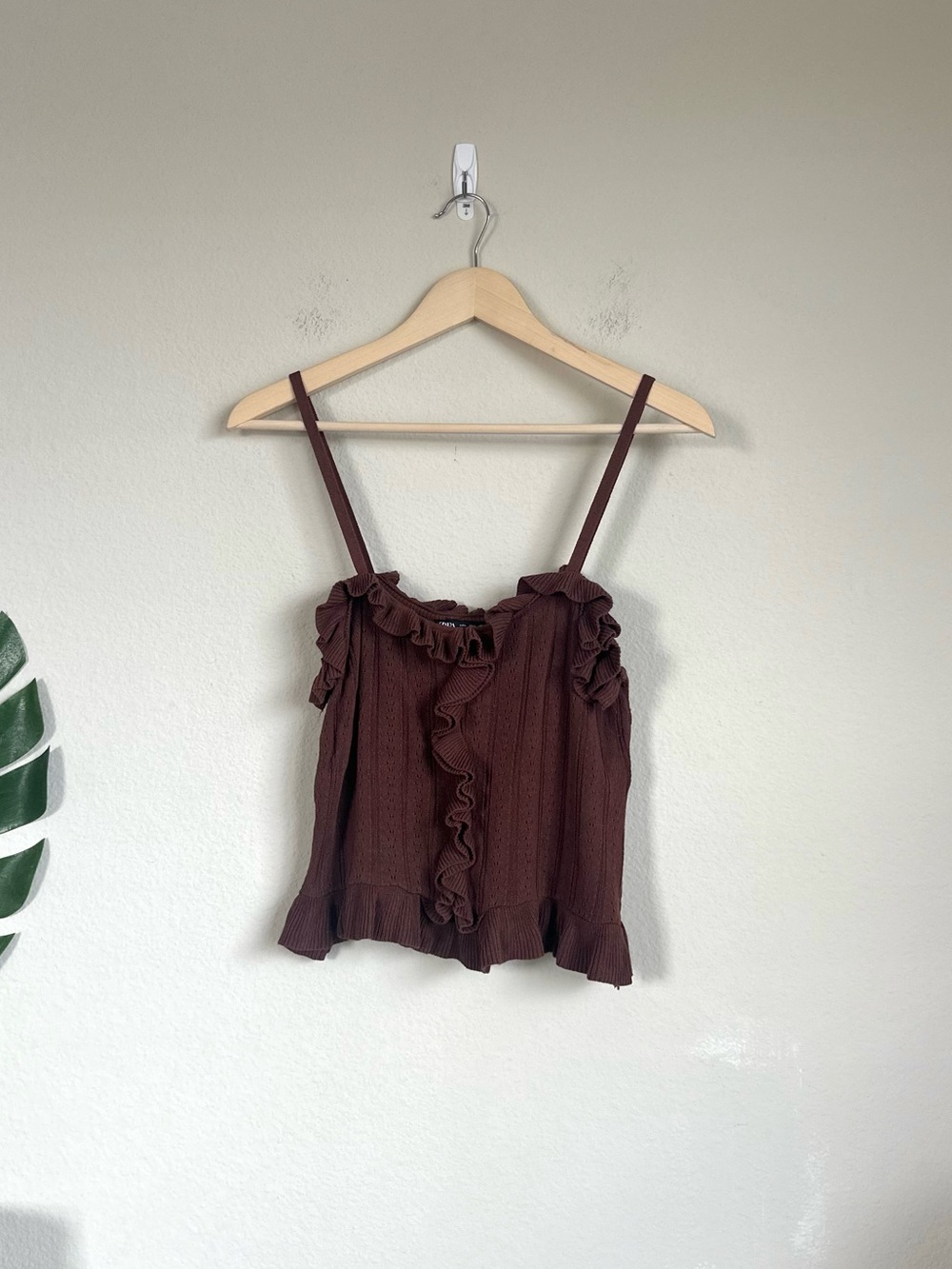 Zara Pointelle Knit Ruffle Tank Top